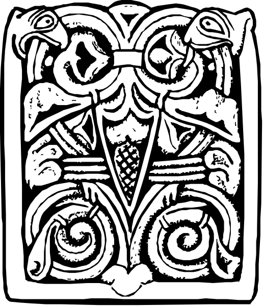 The black and white illustration depicts a stylized stone carving with intricate designs featuring abstract shapes resembling human figures in profile view, adorned by swirling patterns that could be interpreted as vines or leaves.
