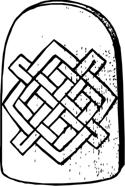 The black and white image shows a stylized depiction of an object that resembles a stone with intricate designs on it; there is no text present in this clip-art illustration.
