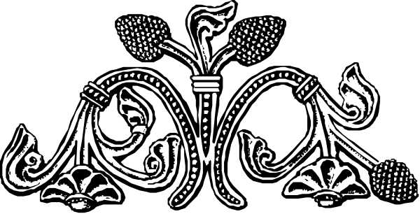 The black and white emblem features a decorative border with floral patterns on either side of an intricate design that includes what appears to be stylized lettering in between two symmetrical elements resembling leaves, possibly representing nature or growth.