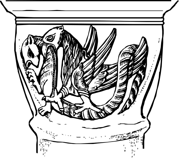 The black and white illustration shows a stylized bird with outstretched wings on its sides within an oval border atop what appears to be a shield-like design featuring two crossed swords below it, all set against a dark background.