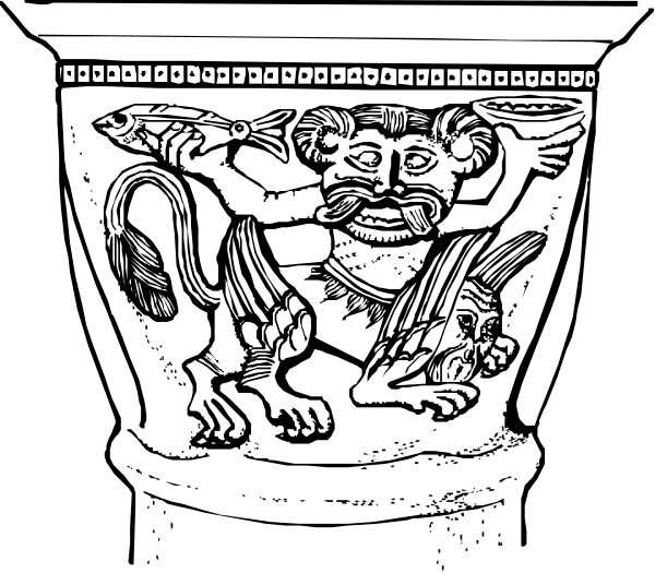 The black and white illustration features a stylized depiction of an animal with human characteristics holding what appears to be a fish in its mouth while standing on one leg atop another creature that resembles a lion, all within a decorative border adorned with intricate patterns.