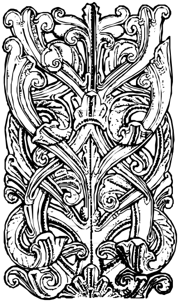 The black and white photo shows a detailed metalwork piece with intricate designs that resemble Celtic knot work on both sides of what appears to be an open book cover.