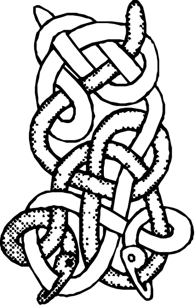The black and white illustration shows a Celtic knot design with intricate patterns resembling vines intertwined in an artistic manner against a dark background.