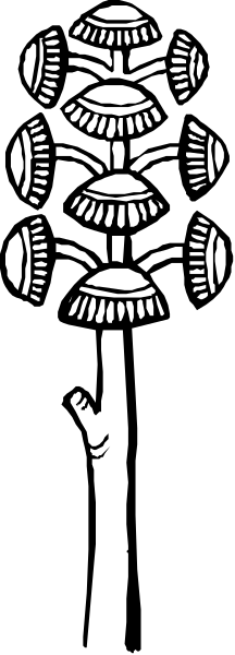 The image shows a black and white graphic of an abstract design with multiple patterns resembling eyes on what appears to be a vertical strip against a lighter background.