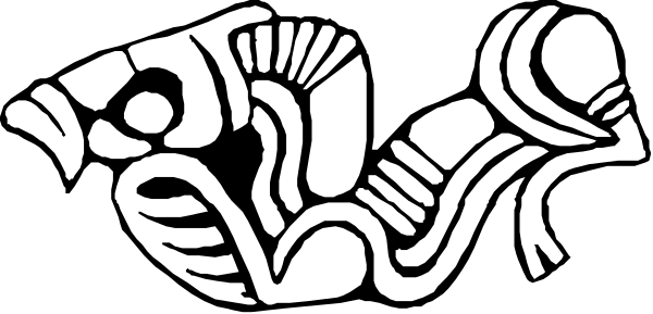 The image shows a black and white illustration of an abstract design resembling stylized fish with intricate patterns on its body.