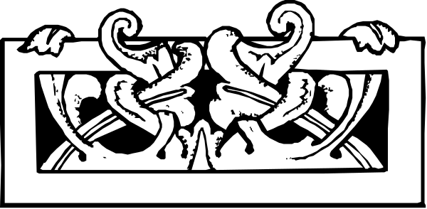 The black and white illustration shows a decorative border with intricate patterns featuring what appears to be stylized leaves on either side of an abstract design in between them atop two vertical lines that resemble columns, all set against a plain background.
