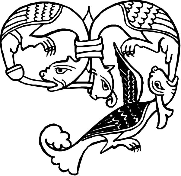 The black and white illustration depicts a stylized scene with two cats facing each other; their tails intertwine in an intricate design that forms what appears to be a heart shape at the center, surrounded by various patterns including swirls and dots.