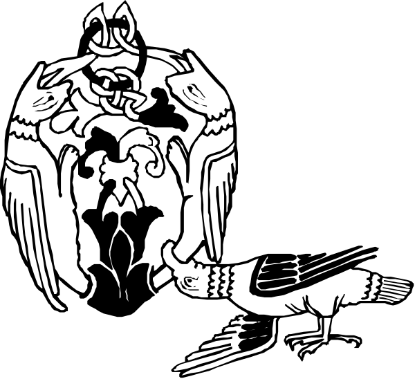The black and white illustration shows a stylized eagle with an outstretched wing on its left side standing next to what appears to be another bird that is smaller in size.