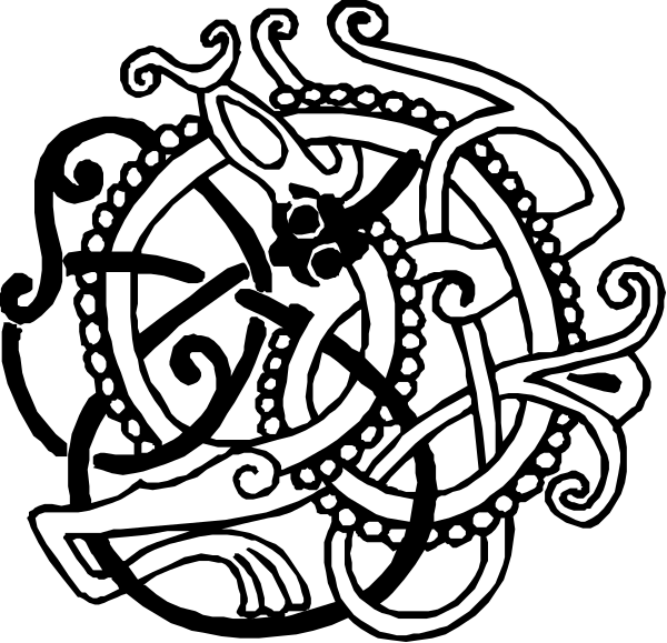 The black and white illustration features a stylized design with intricate patterns that resemble Celtic knotwork; it includes swirling lines forming circular motifs around what appears to be an animal figure, possibly representing a bird in flight within two intertwined circles at the center of the image.