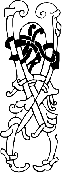 The black and white photo shows a person holding two swords crossed over their body with an intricate design on each sword blade.
