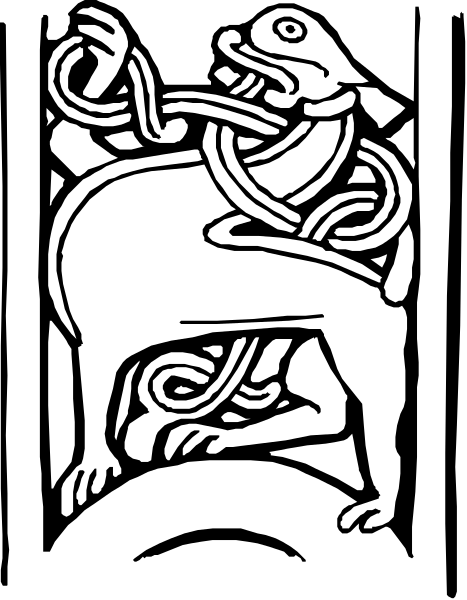 The black and white illustration shows a dog with its head inside an intricate knot of rope, giving it the appearance that it is eating from within itself.