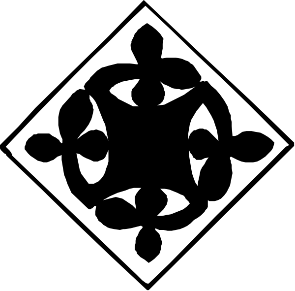 The black and white logo of a company with an intricate design featuring geometric shapes resembling flowers within squares on either side connected by lines forming diamond patterns at their centers.