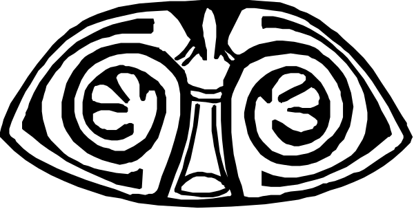 The black and white logo features a stylized design with three overlapping circles that resemble eyes within an abstract shape reminiscent of wings on either side; in between these shapes is another symbolic element, possibly representing a flower or sunburst pattern.