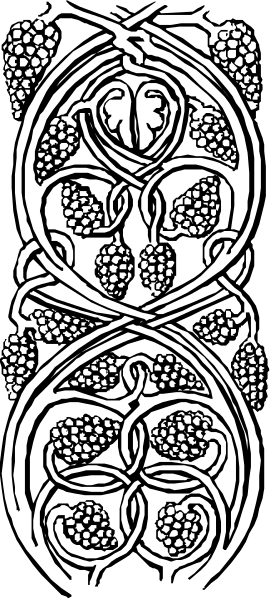 The image shows a black and white illustration of an intricate design with patterns that resemble vines and leaves intertwined in various shapes including circles and ovals, featuring what appears to be berries at intervals along these designs.