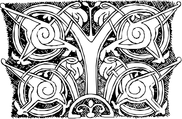 The black and white illustration features a stylized design with intricate patterns that resemble Celtic knots intertwined in an abstract manner within what appears to be a circular frame.