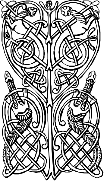 The black and white illustration features a Celtic knotwork design with intricate patterns resembling vines on either side of an open book that has pages filled with text in what appears to be Latin script, possibly representing knowledge or wisdom; atop each page is a small bird perched.