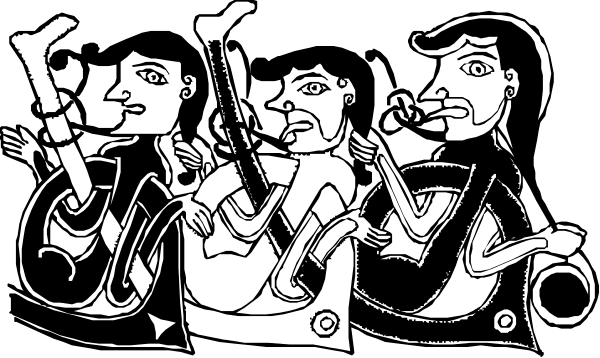 The black and white illustration shows a group of four stylized figures playing musical instruments: two individuals with guitars on their laps facing each other while another figure stands behind them holding what appears to be an upright bass, and one person is seated in front of all three, also engaged in the music.