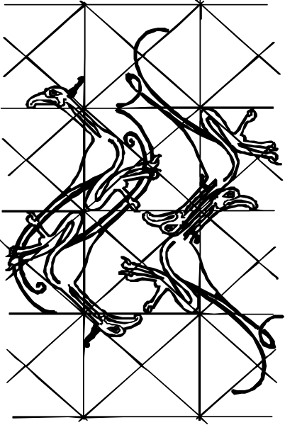 The black and white illustration shows a stylized design with abstract shapes that resemble musical notes forming an intricate pattern against a dark background; there is no text present in this image.