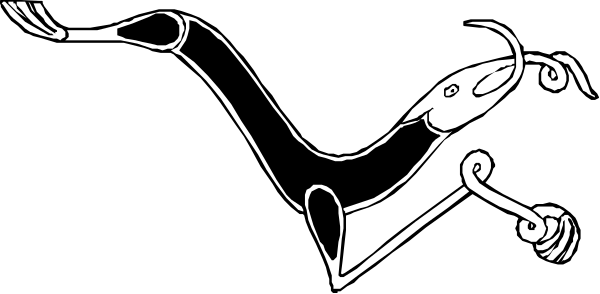The black and white silhouette of a person on horseback riding through an open field with trees around them.