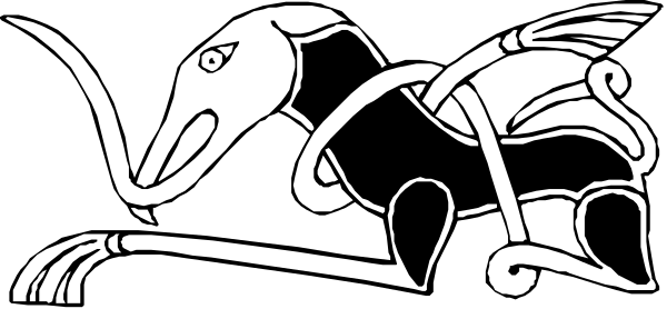 The black and white illustration shows a stylized depiction of an animal with wings that resembles a bird-like creature lying down on its side in front of what appears to be another figure standing upright, both set against a dark background.