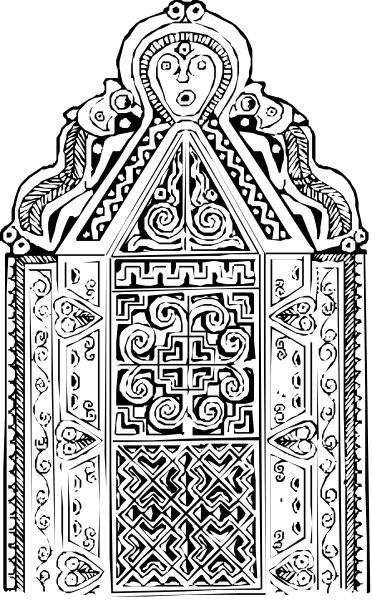 The black and white photo shows a stained glass window with intricate designs featuring patterns that resemble crosses within an enclosed space at its center.