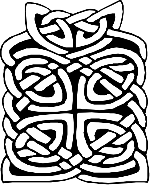The black and white illustration features a stylized knotwork design with intricate patterns that resemble Celtic designs on an oval background.
