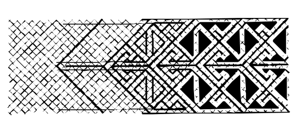The image shows a black and white pattern with intricate designs that resemble stylized textiles or lacework on what appears to be fabric-like material.