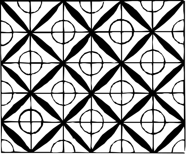 The black and white pattern consists of a repeating geometric design with circles within squares forming an intricate tessellation on what appears to be wallpaper paper.