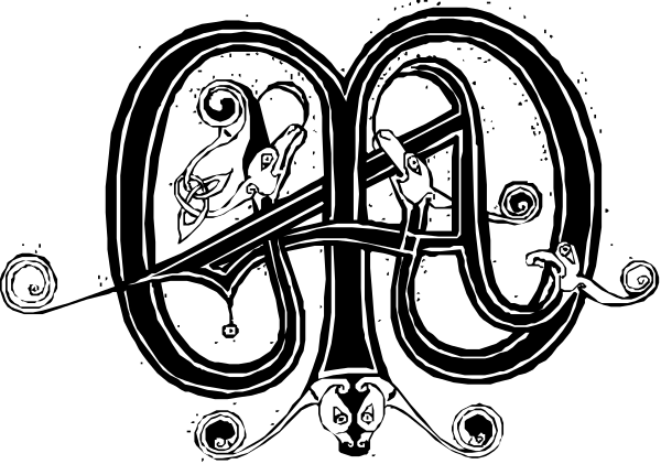 The black and white illustration features a stylized letter "A" with intricate designs inside it that resemble musical notes and possibly other abstract patterns; there is no text present in this image to provide additional context about what might be represented by these elements within the 'a'.