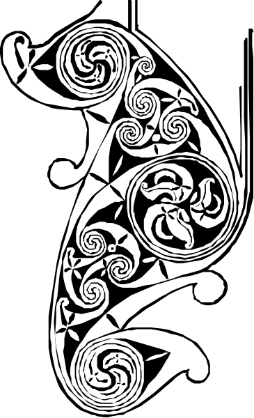 The black and white tattoo design features a stylized swirl pattern with intricate detailing that resembles an abstract floral motif within it.