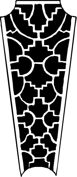 The image shows a black and white stained glass window design with intricate patterns resembling an abstract floral motif on one side of it against a grey background.
