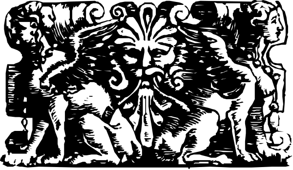 The black and white illustration shows a classical architectural design with intricate carvings of human figures on either side; it is set against an untextured background that does not provide any additional context about location, time period, or specific cultural reference.