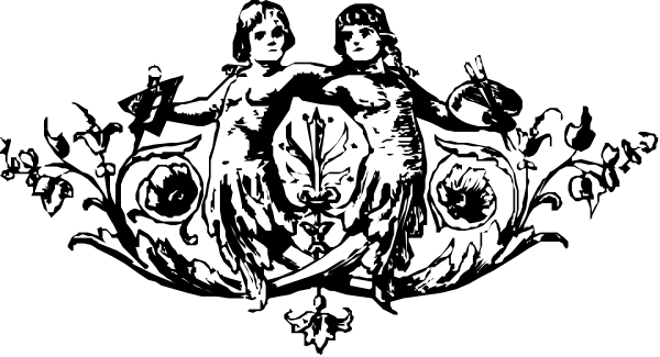 The black and white logo of a company with two figures on either side facing each other above an emblem that resembles a shield in between them.
