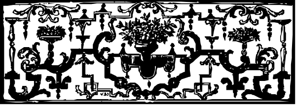 The image shows a black and white pattern with intricate designs that resemble scrollwork on what appears to be an architectural element such as a wall paneling or decorative border.