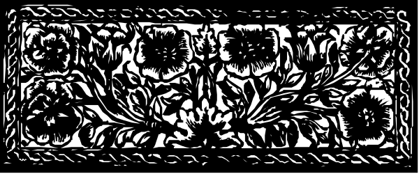 The image shows a decorative metalwork piece with intricate patterns resembling filigree work on an object that appears to be rectangular in shape; it is set against a neutral background without any additional context provided by other elements within this small clip-art style picture.
