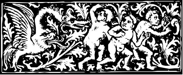 The image shows a black and white illustration of an intricate carved design with patterns that resemble foliage on either side, possibly representing leaves or branches in between which there is some sort of decorative motif at the bottom center.