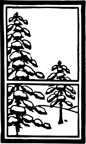 The black and white illustration shows a window with two panes through which we can see an outdoor scene of snow-covered trees against a clear sky during wintertime.