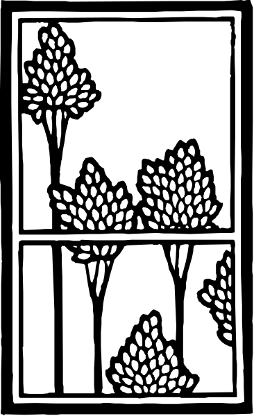 The black and white illustration shows a window with three potted plants placed on its sill against an abstract background that resembles trees in silhouette form.