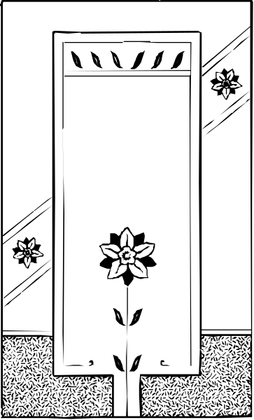 The black and white illustration shows a door with an open panel revealing flowers inside it against a wall background that includes decorative elements like stars above the mirror frame.
