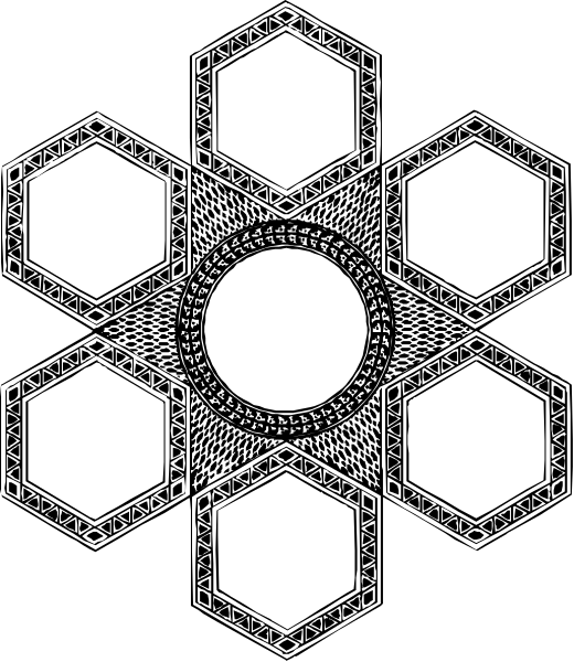 The black and white illustration features a symmetrical pattern with intricate designs resembling snowflakes around an empty center circle.
