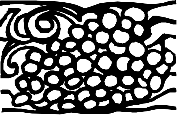 The black and white silhouette of a fish with bubbles around it among grapes on a vine.