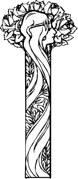 The image shows a black and white illustration of an upright plant with leaves reaching outwardly from its base to form what appears like human-like arms on either side atop a vertical stem that resembles hair, set against two stripes forming a banner or flag background.