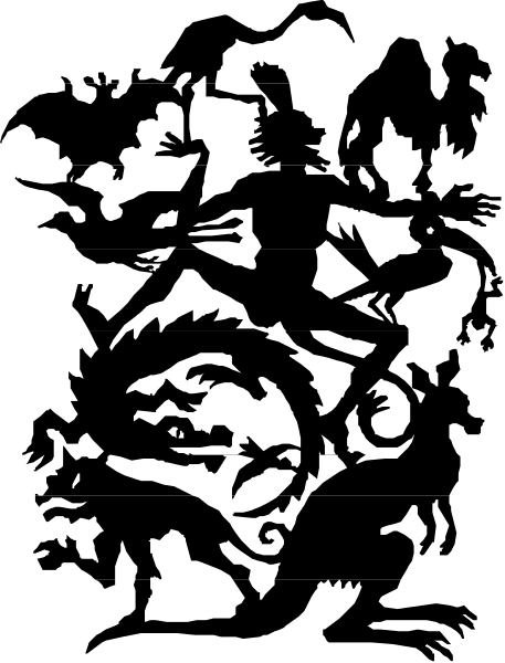 The black and white silhouette of a person's head with an animal inside it is shown against a dark background in this small clip-art image.
