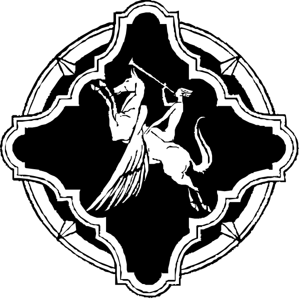 The black and white logo features a shield with two crossed swords on either side of an angel riding a unicorn in front of it; above this central figure is another smaller emblem that appears to be a crown, suggesting royalty or nobility associated with these symbols.