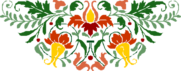 The image shows a decorative border with floral patterns featuring red flowers on either side of an intricate design that includes green leaves and possibly berries in between; there is no text present within this clip-art piece, which focuses solely on its visual elements without any additional context or narrative provided by the content.
