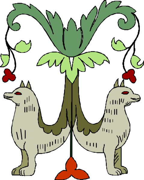 The illustration shows a stylized coat of arms with two dogs facing each other on either side of an emblem that resembles a flowering plant; above them is a decorative border featuring leaves, and below it there's a banner with what appears to be red flowers or berries.