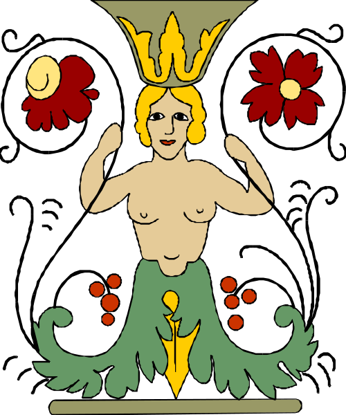 The image shows a stylized illustration of an ancient Greek vase with decorative elements such as flowers on either side at top corners, depicting what appears to be Artemis in her traditional attire and pose from classical mythology.