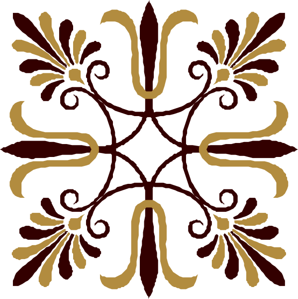 The image shows a decorative pattern with an intricate design featuring symmetrical shapes resembling leaves on either side of what appears to be a central motif that could represent stylized flowers or suns, all set against a dark background and bordered by two lines at top and bottom.
