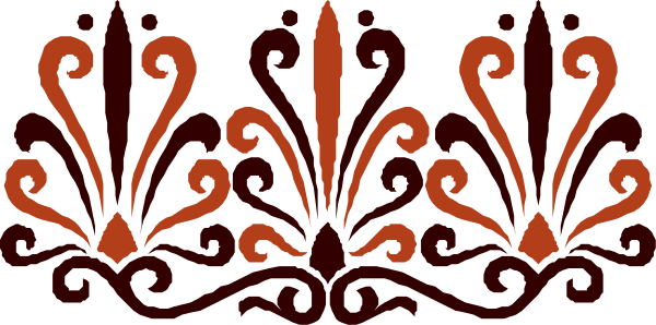The image shows a decorative border with an intricate pattern of swirls and leaves against a dark background; it is in black-and-white color scheme except for red accents on some elements within the design, which appear to be stylized flowers or plants.