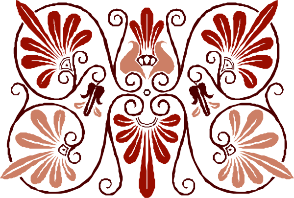 The image shows a decorative pattern with red flowers on an intricate black background featuring scrollwork designs that resemble metal work.